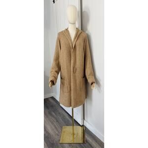TAHARI Women Size 1X Wool Blend Hooded Long Cardigan Sweater Beige Tan